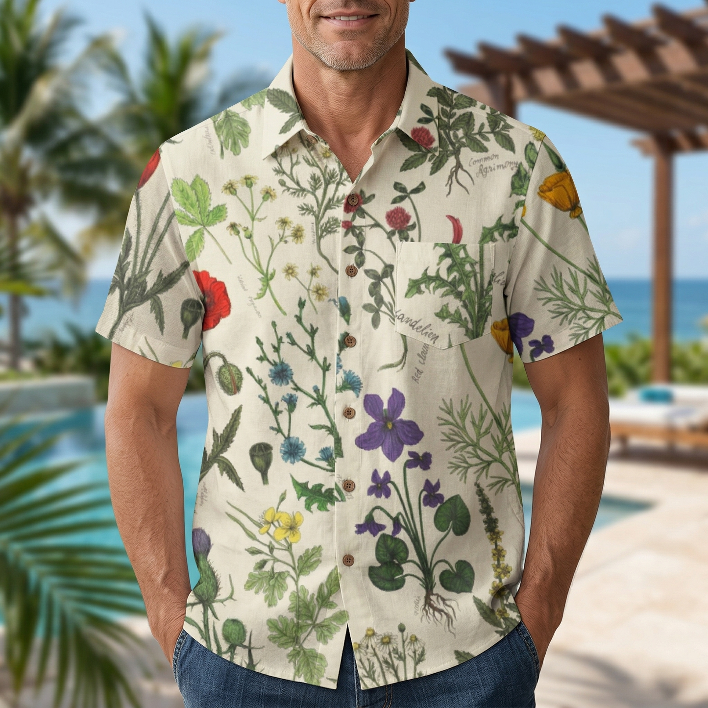 LeosWare® Men's Hawaiian Shirt Short Sleeve Button-up 95% Polyester, 5% Spandex Aloha Field Index