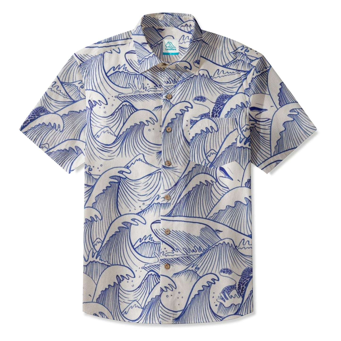 LeosWare® Men's Hawaiian Shirt Short Sleeve Button-up 95% Polyester, 5% Spandex Aloha Azure Momentum