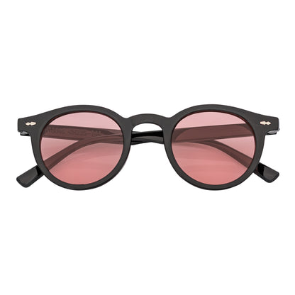 VIBES - Color Tint Retro Small Round Sunglasses Black Pink Tint