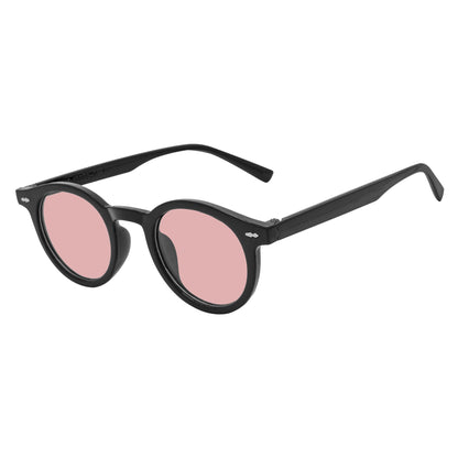 VIBES - Color Tint Retro Small Round Sunglasses Black Pink Tint