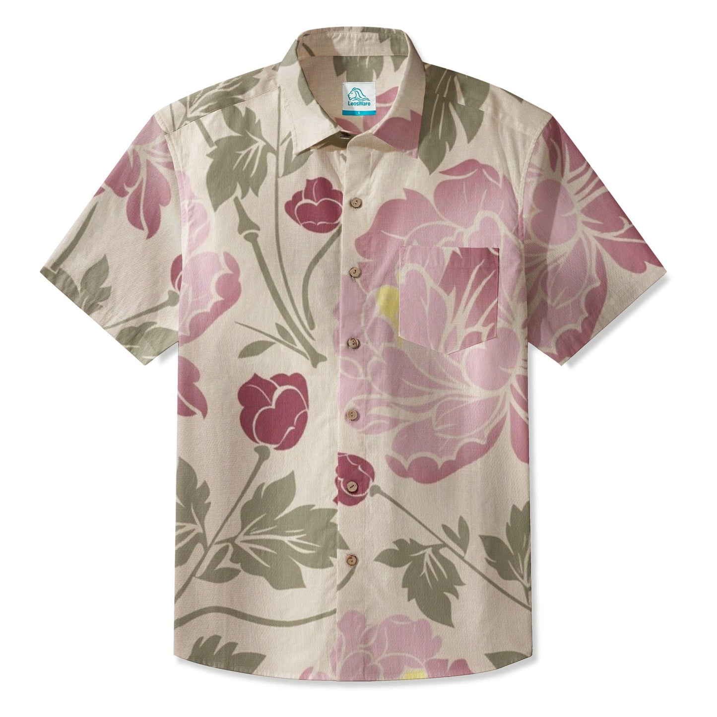 LeosWare® Men's Hawaiian Shirt Short Sleeve Button-up 95% Polyester, 5% Spandex Aloha Graceful Blooms