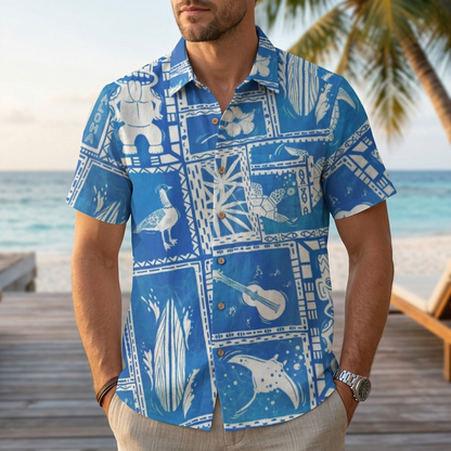 LeosWare® Men's Hawaiian Shirt Short Sleeve Button-up 95% Polyester, 5% Spandex Aloha Patch Of Aloha