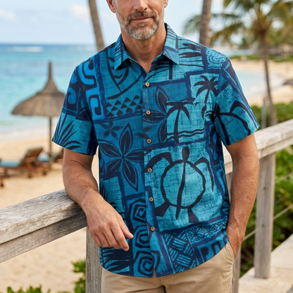 LeosWare® Men's Hawaiian Shirt Short Sleeve Button-up Breathable & Quick-Dry Aloha Tiki Mood(Deep Teal)