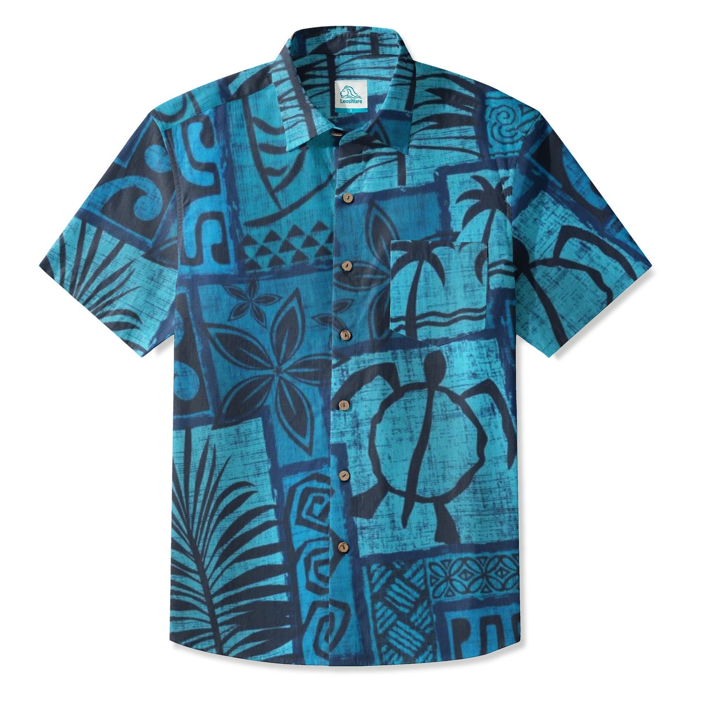 LeosWare® Men's Hawaiian Shirt Short Sleeve Button-up Breathable & Quick-Dry Aloha Tiki Mood(Deep Teal)