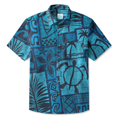 LeosWare® Men's Hawaiian Shirt Short Sleeve Button-up Breathable & Quick-Dry Aloha Tiki Mood(Deep Teal)