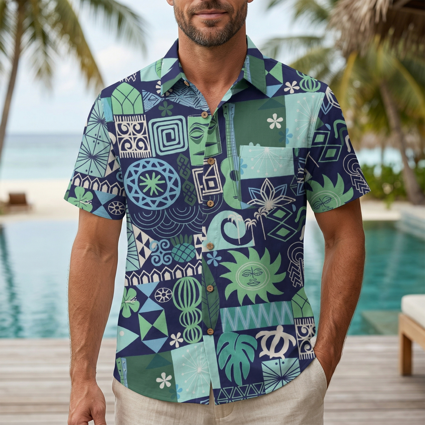 LeosWare® Men's Hawaiian Shirt Short Sleeve Button-up 95% Polyester, 5% Spandex Aloha Tiki Matrix