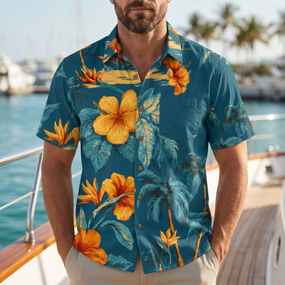 LeosWare® Men's Hawaiian Shirt Short Sleeve Button-up 95% Polyester, 5% Spandex Aloha Sunset Oasis