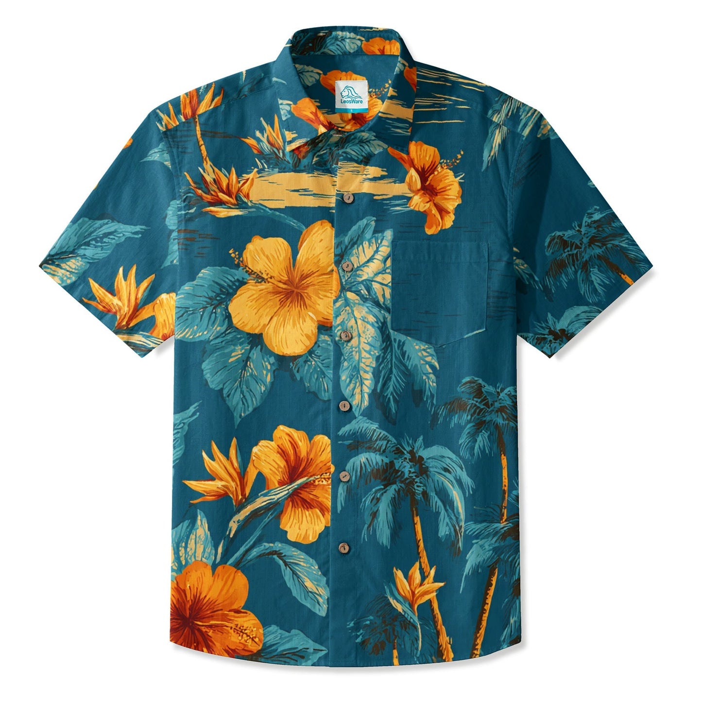 LeosWare® Men's Hawaiian Shirt Short Sleeve Button-up 95% Polyester, 5% Spandex Aloha Sunset Oasis