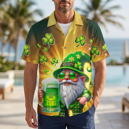 LeosWare® Men's Hawaiian Shirt Short Sleeve Button-up Breathable & Quick-Dry Aloha St. Patrick's Day Shamrock Gnome Beer Figurine