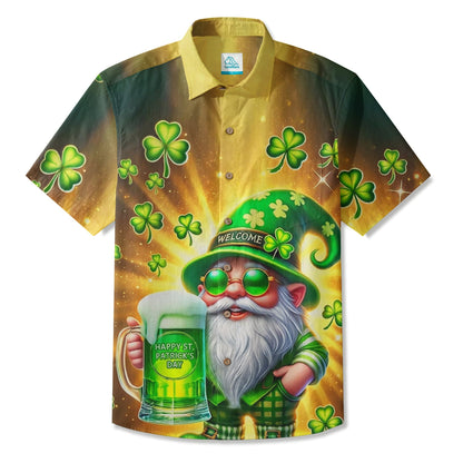 LeosWare® Men's Hawaiian Shirt Short Sleeve Button-up Breathable & Quick-Dry Aloha St. Patrick's Day Shamrock Gnome Beer Figurine