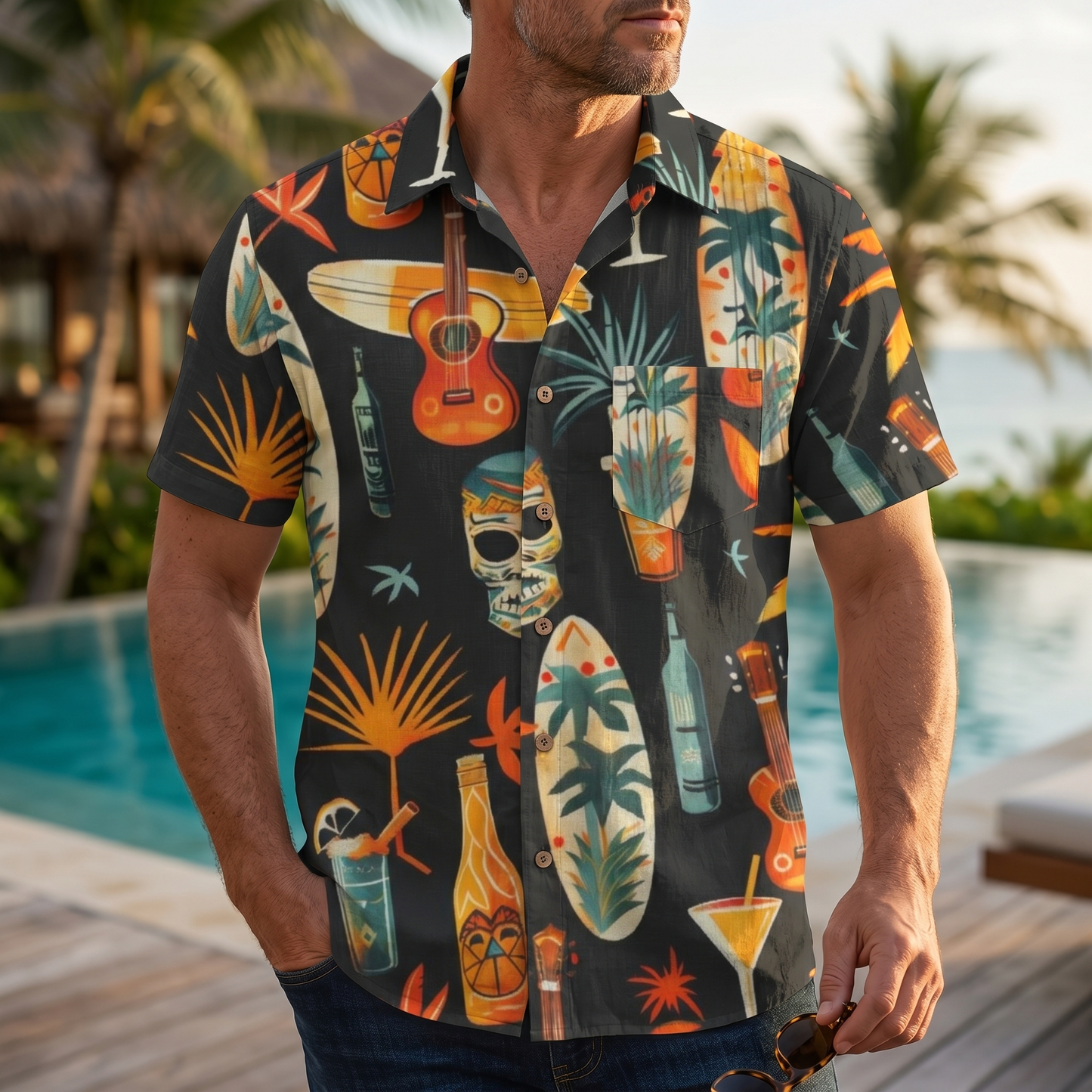 LeosWare® Men's Hawaiian Shirt Short Sleeve Button-up 95% Polyester, 5% Spandex Aloha Palm Beat